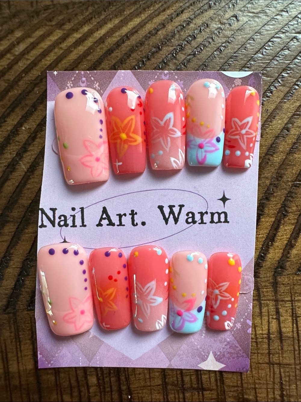 Hand-Painted Floral Press-On Nails in Coral & Peach